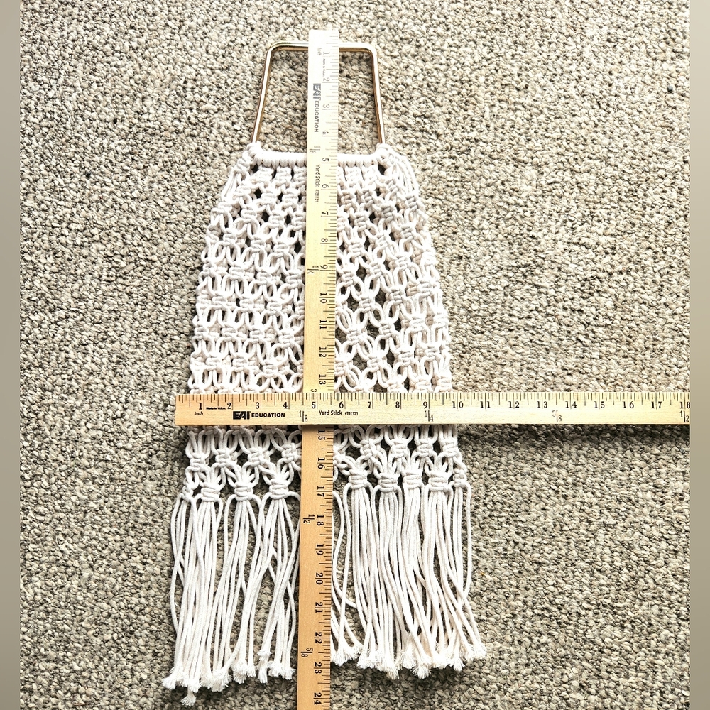 Macrame Fringed Clutch Hand Bag Ivory Metal Handle Boho Hippie Beach Woven Purse - Picture 6 of 8